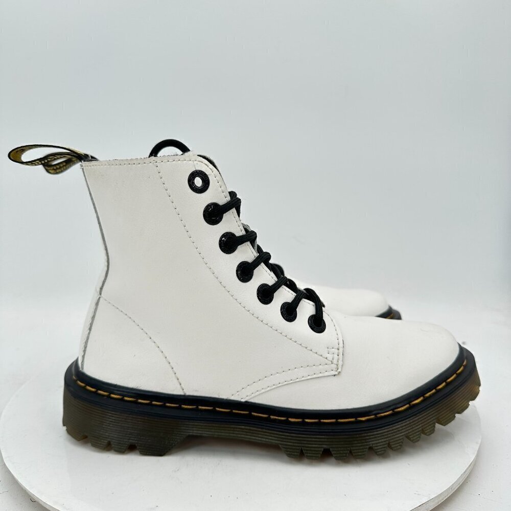 Dr. Martens Luana Women Size 5 White Leather Yellow Stitching Combat Boot - Picture 4 of 11